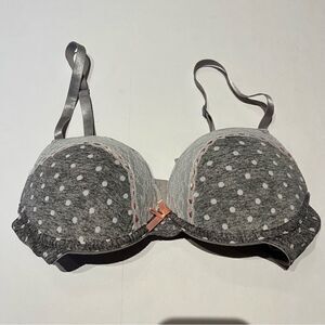 Body Embrace Bra 36C Push up Underwire, padded Gray white polka dots pink trim